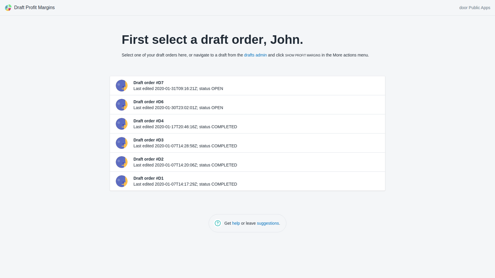 Select a draft screen in our free Shopify app