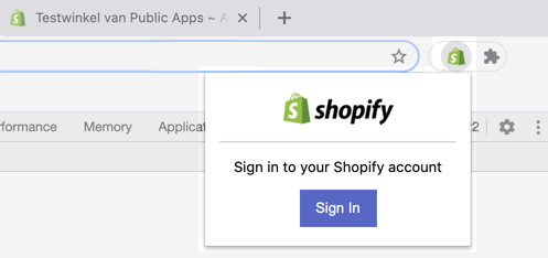 Popup met login-knop van de Shopify Theme Inspector Chrome extensie
